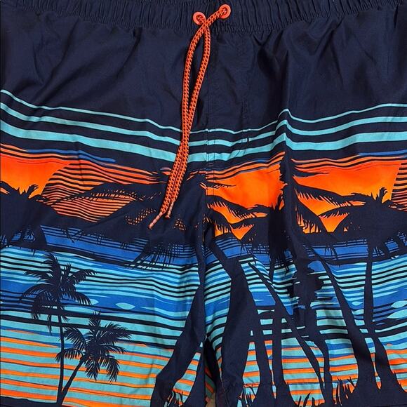 XXL Navy/Orange Palm Tree Swim Shorts - Picture 2 of 4